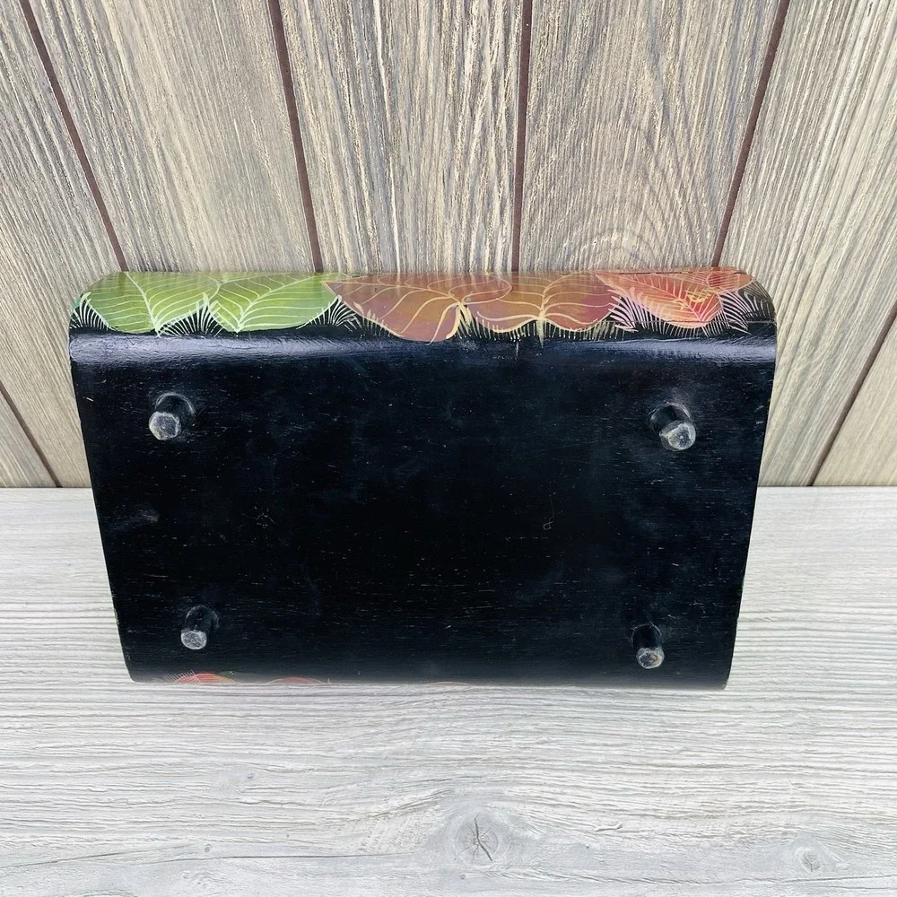 Vintage Hand Painted Wooden Box Parrot Floral Jewelry Storage Trinket